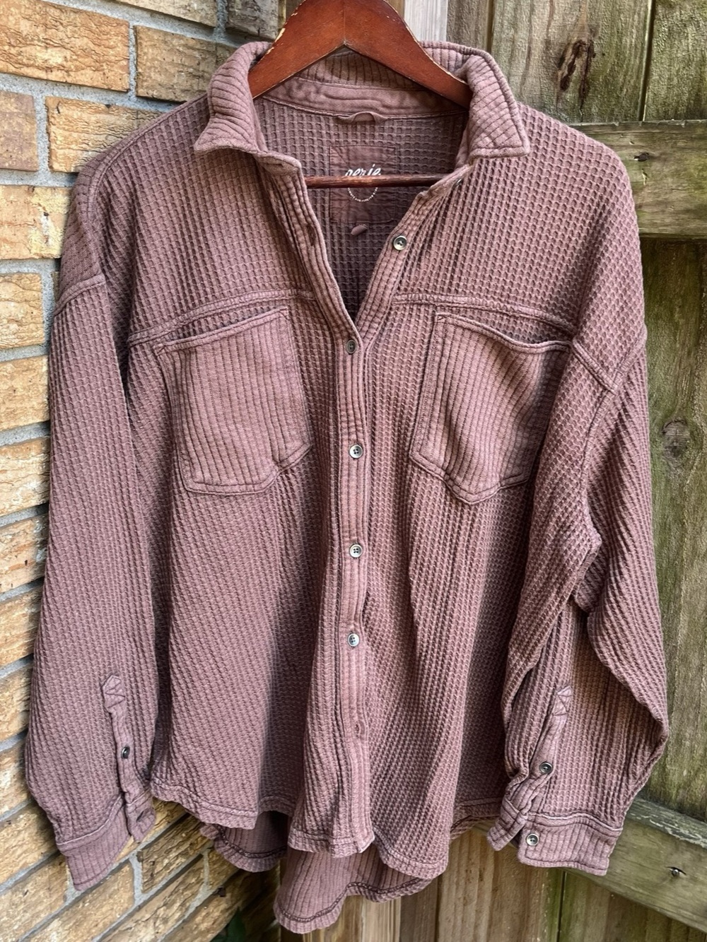aerie LumberJane Waffle Shirt Button Front Brown Size Large